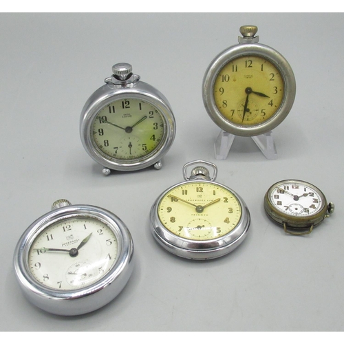 615 - Swiss - early C20th plated pin set trench wristwatch, white  enamel Arabic dial with skeletonised nu... 