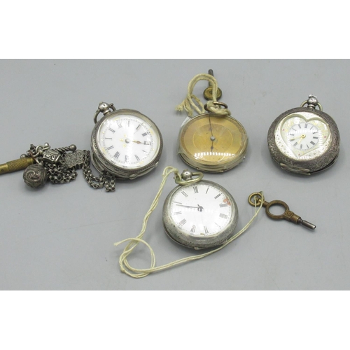 618 - Four late C19th ladies Swiss cylinder fob watches hallmarked .800 and .935 and an Albertina