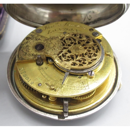 621 - Thomas Maston London - early Victorian silver pair case verge pocket watch lacking outer case, white... 