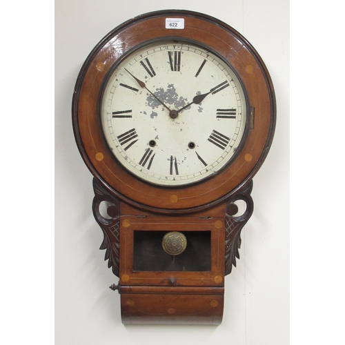 622 - Early C20th American inlaid walnut drop dial wall clock, 11 3/4