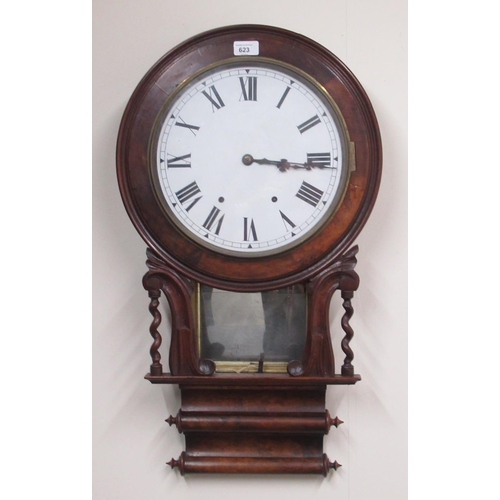 623 - Early C20th American walnut drop dial wall clock with double scroll case and barley twist columns, l... 