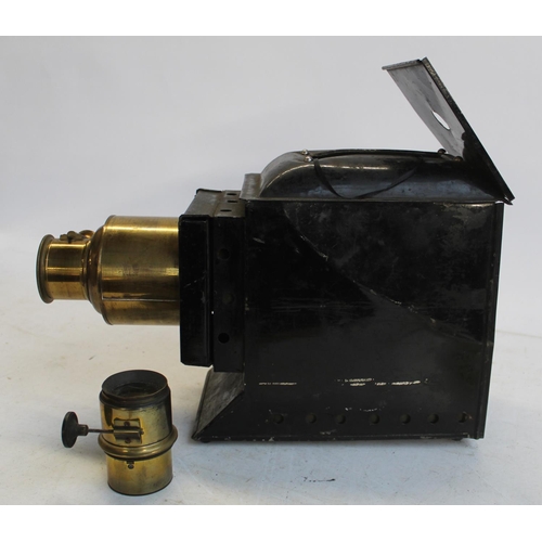 799 - Vintage Magic Lantern with brass lenses (incomplete). A collection of twenty coloured glass slides, ... 