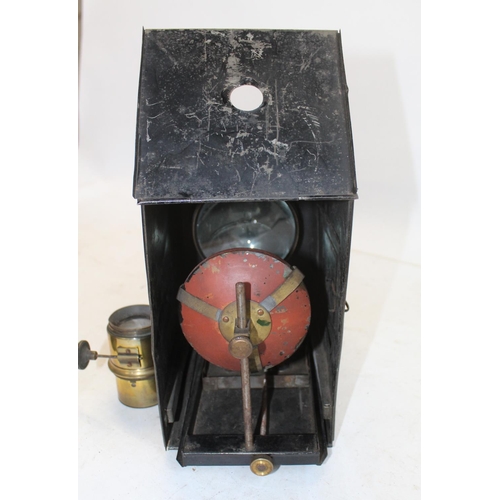 799 - Vintage Magic Lantern with brass lenses (incomplete). A collection of twenty coloured glass slides, ... 