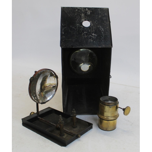 799 - Vintage Magic Lantern with brass lenses (incomplete). A collection of twenty coloured glass slides, ... 