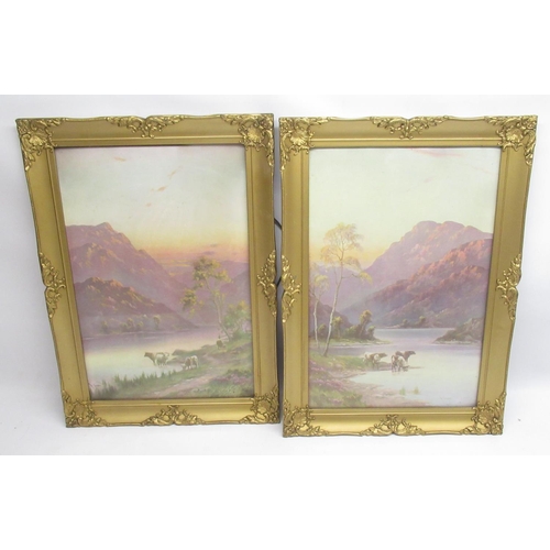 104 - R.Cooper, C20th pair of coloured prints showing highland landscape scene with cattle by stream, W29c... 