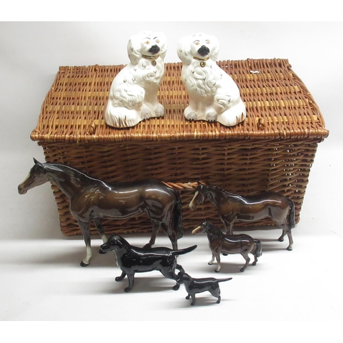 105 - Three bay/brown Beswick horses, maximum H28.5cm, 2 Beswick black Labradors, maximum H14cm, pair of B... 