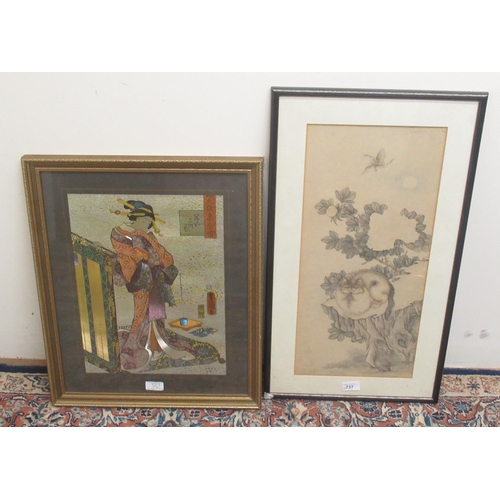 737 - Japanese School; Study of a Geisha, and a similar study of a cat, colour prints, 55cm x 256cm (2)