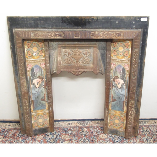 742 - Cast iron fire insert. sides inset with Minton style tile studies of females, W97cm H98cm, and a Geo... 