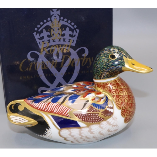 347 - Royal Crown Derby paperweight: Mallard, gold stopper, with box