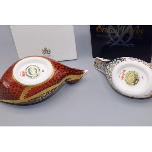 360 - Two Royal Crown Derby paperweights: Coot and Bluebird, gold stoppers, with boxes (2)