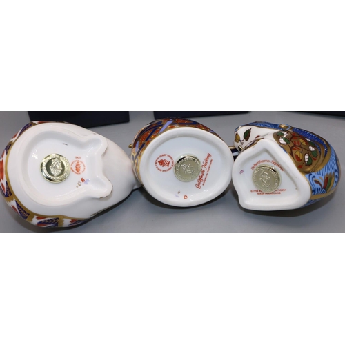 363 - Three Royal Crown Derby paperweights: Debenhams Squirrel, Nesting Goldfinch, and Hedgehog, with boxe... 