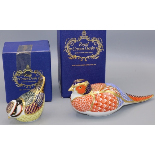 366 - Two Royal Crown Derby paperweights: Blue Tit and Pheasant, gold stoppers, with boxes (2)