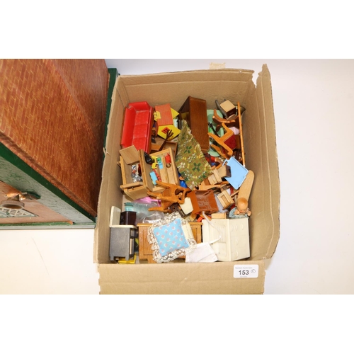 153 - Mid C20th dolls house with tin plate windows and door, L64cm, and a collection of 1950s and later do... 