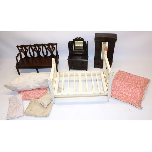 231 - Group of Sindy/Barbie doll scale wooden dolls furniture, comprising sofa, dressing table, bed, wardr... 