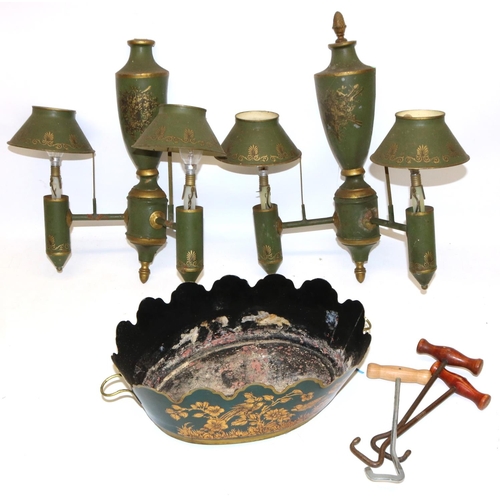 244 - Pair of green tole type wall light fittings with transfer decoration; painted tole oval cache pot, L... 