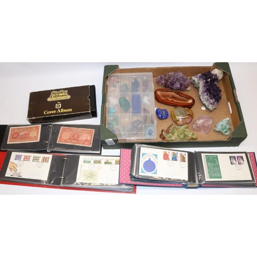 374 - Collection of stones/minerals incl. amethyst; collection of bank notes; and a quantity of First Day ... 