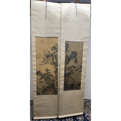 453 - C20th pair of Japanese watercolour on silk landscape scenes mounted on textured rice paper, bearing ... 