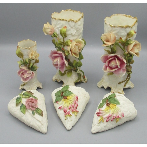 122 - Three early C20th Robinson & Leadbeater wall mounted flower holders and 3 ceramic flower posy vases ... 