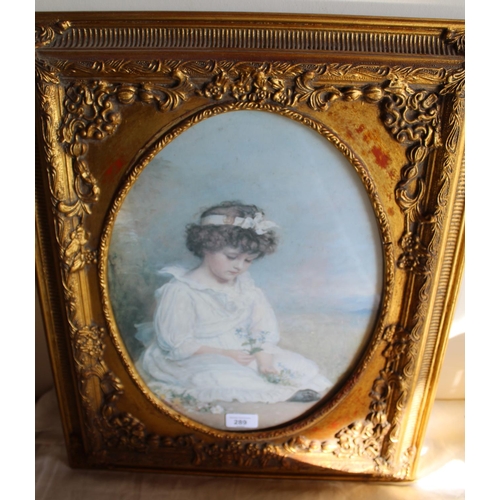 376 - Decorative oval colour print of a girl with flowers, in gilt frame, 56cm x 45cm