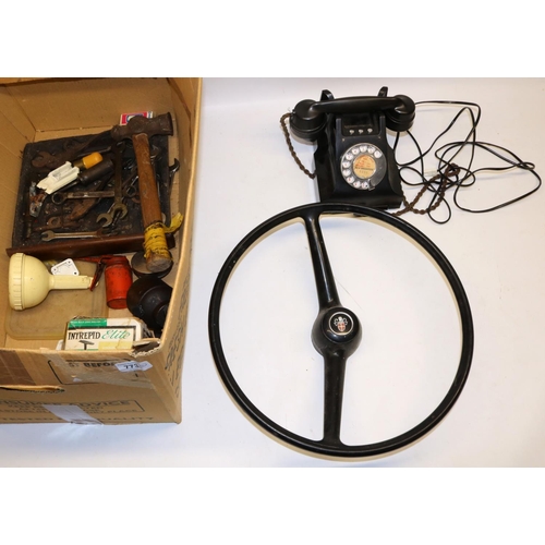 773 - Austin Mini steering wheel, vintage car tool kit, black Bakelite model 164 telephone, etc.