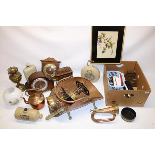 912 - Mixed metalware incl, three stoves, Hawkes & Co brass and copper horn, brass and copper log holder, ... 