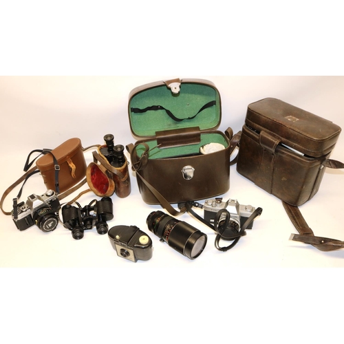 917 - Olympus FTL and Canon AE-1 35mm SLR cameras, Kodak Brownie 127, and two pairs of cased binoculars