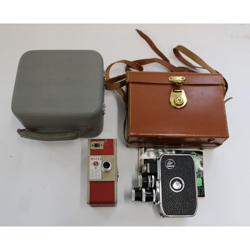 397 - Paillard Bollex D8L reflex film camera with triple lens and leather case, Miller model S 8mm cinecam... 