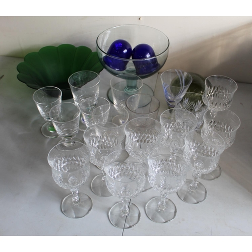 815 - Set of nine wine glasses, Caithness wine glass, green glass fishing float, green glass bowl, fruit b... 