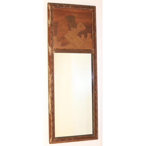 820 - Rowley Gallery, Arts and Crafts framed wall mirror, the marquetry scene of a woman gathering wheat o... 