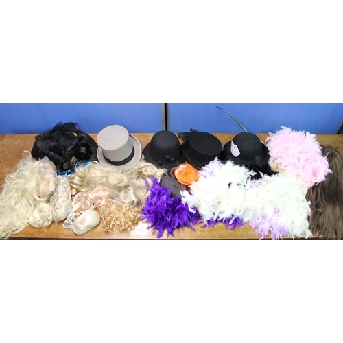 838 - Selection of ladies and gentleman's hats incl. top hat and bowler together with feather boas, wigs, ... 