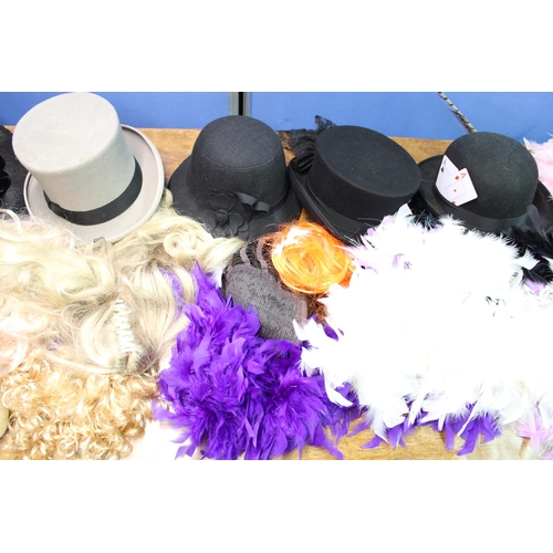 838 - Selection of ladies and gentleman's hats incl. top hat and bowler together with feather boas, wigs, ... 