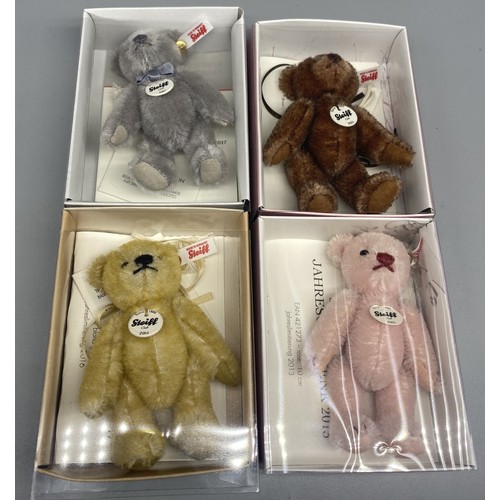 106 - Four Steiff miniature Annual Club Gift bears; Rose mohair 2013, Brown tipped mohair 2015, blond tipp... 