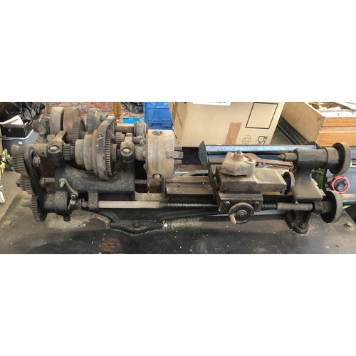 804 - Vintage metal workers lathe, a/f on own bench, Lathe  approx. 80cm x 30cm, bench H100cm W92cm D46cm