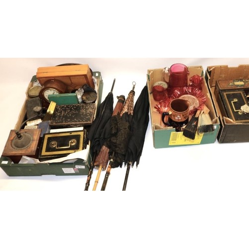 149 - Mixed lot incl. cash boxes, Peugeot Freres coffee grinder, cranberry glass items, parasols, etc. (3 ... 