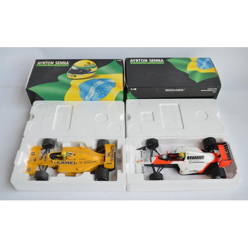 485 - Two boxed 1/18 scale diecast Formula 1 Ayrton Senna Collection car models by Minichamps (Paul's Mode... 