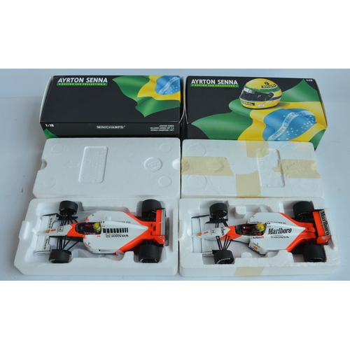 487 - Two boxed 1/18 scale diecast Formula 1 Ayrton Senna Collection car models by Minichamps (Paul's Mode... 