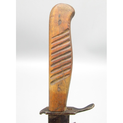 57 - WW1 boot/trench fighting knife with original wooden handle and original steel sheath, blade L14 cm