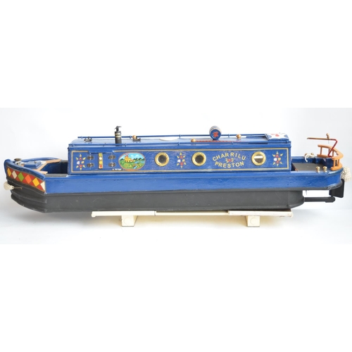 512 - Charming home made wooden cruiser stern narrow boat model, scale approx 1/12 with removeable top and... 