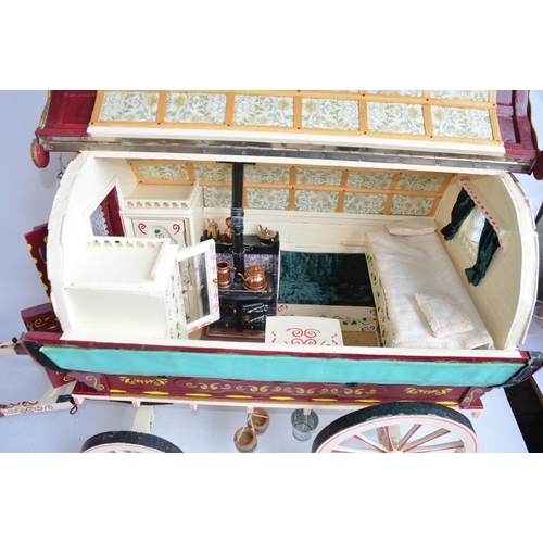 518 - Large homemade gypsy bow top caravan with hinged roof section to reveal detailed interior with steer... 