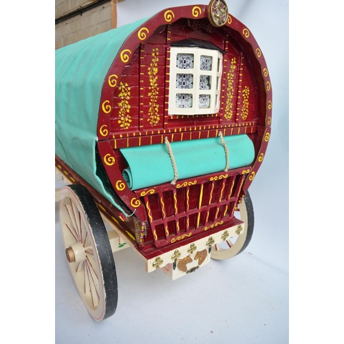 518 - Large homemade gypsy bow top caravan with hinged roof section to reveal detailed interior with steer... 