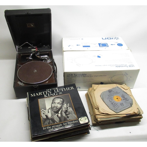 72 - Portable HMV gramophone, boxed ION USB turntable and records mostly Classical