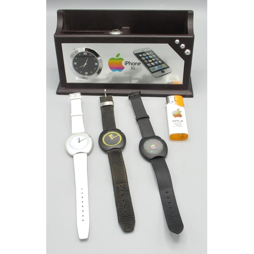 77 - Apple Mac 'OS' face quartz analogue wristwatch and 2 other Apple quartz wristwatch, iPhone 3G desk t... 