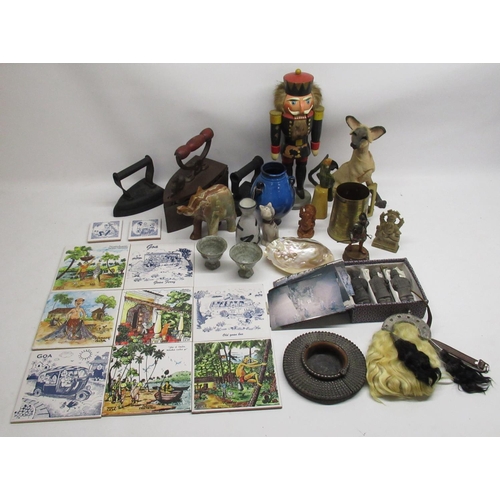 81 - Mixed collectables inc. nutcracker, flat irons, 3 tourist Terracotta warrior figures, wall plaques f... 