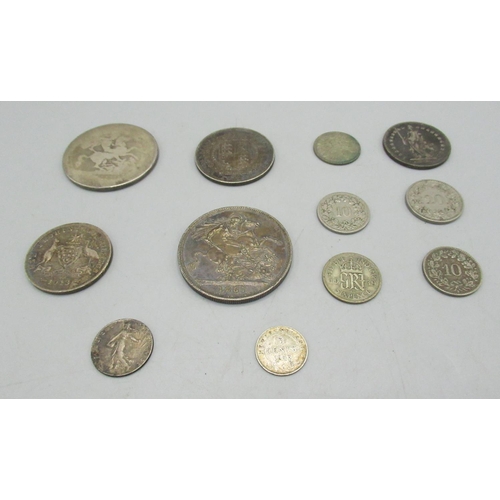 201 - Small selection of GB pre-1920 silver coins incl. 1887 QV crown together with selection of world sil... 