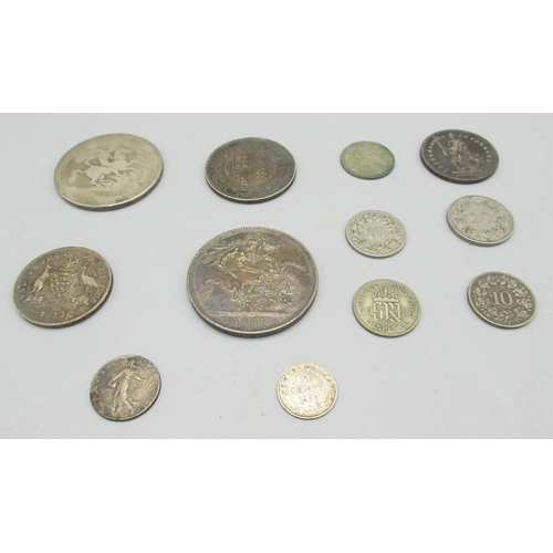 201 - Small selection of GB pre-1920 silver coins incl. 1887 QV crown together with selection of world sil... 