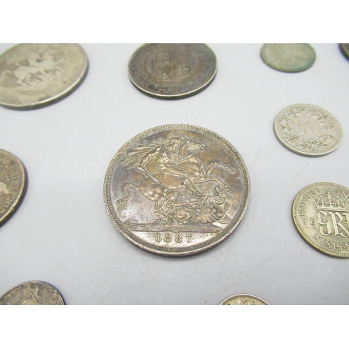 201 - Small selection of GB pre-1920 silver coins incl. 1887 QV crown together with selection of world sil... 