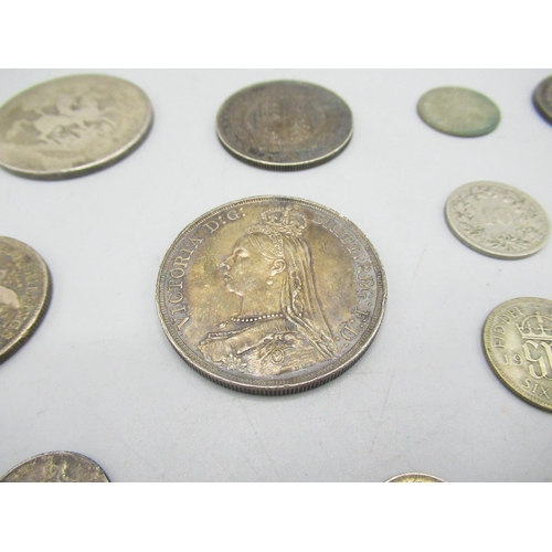 201 - Small selection of GB pre-1920 silver coins incl. 1887 QV crown together with selection of world sil... 