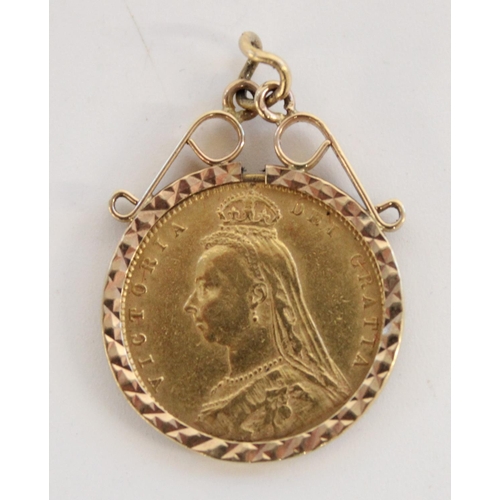382 - QV 1892 gold half sovereign loose mounted in later 9ct gold pendant frame, gross 5.2g