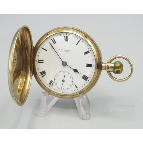 151 - Thomas Russell & Son, Liverpool - presentation gold hunter keyless pocket watch, signed white enamel... 