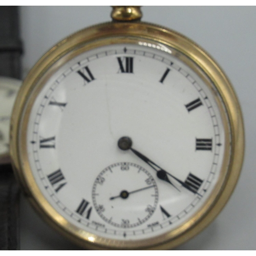 157 - Swiss - rolled gold keyless open faced pocket watch, white enamel Roman dial with subsidiary seconds... 